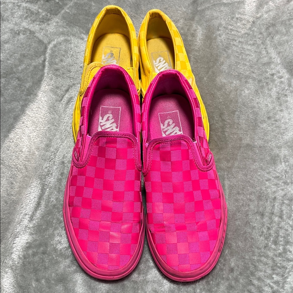 2 PAIR of Vans Bold Pink and Yellow Checkered Slip-Ons